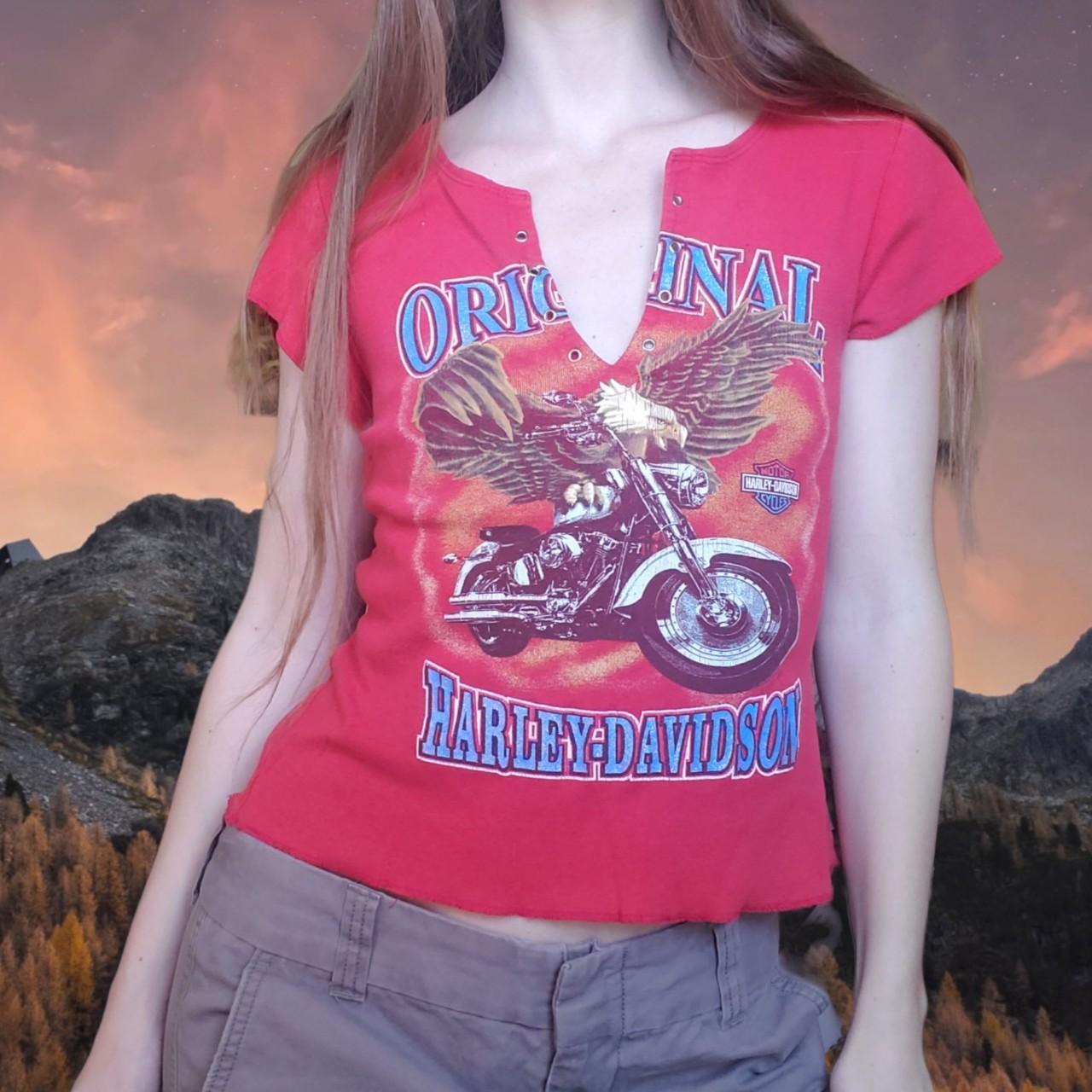 ❁ y2k grunge bikercore Harley davidson v neck... - Depop