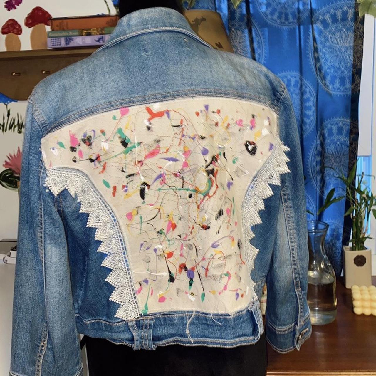 handmade paint splatter canvas back with lace jean... - Depop