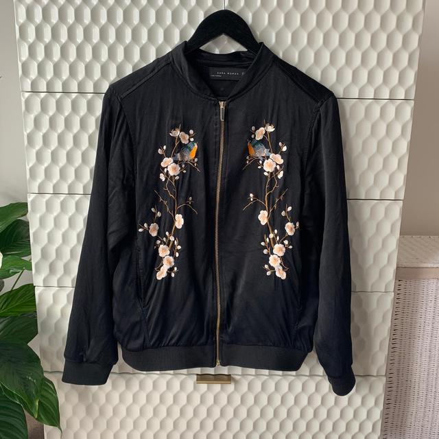 Zara embroidered bomber jacket beautiful floral... - Depop