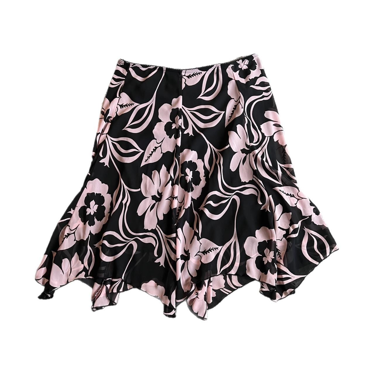 Floral black and pink flowy midi skirt. Size... - Depop