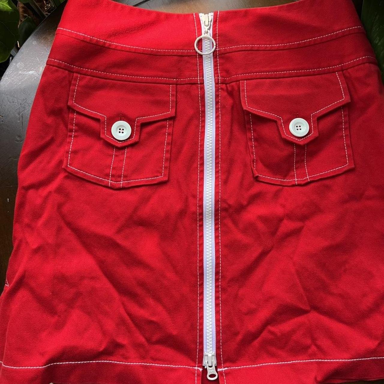 RED DENIM SKIRT WITH WHITE ACCENTS ️White zipper... Depop