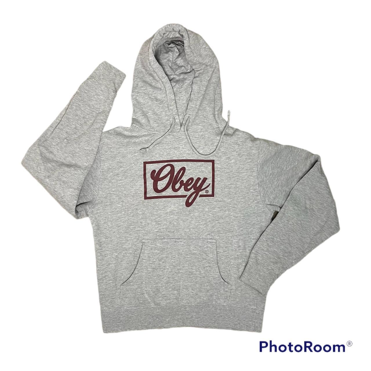 gray and maroon obey hoodie size large teeeeny tiny Depop