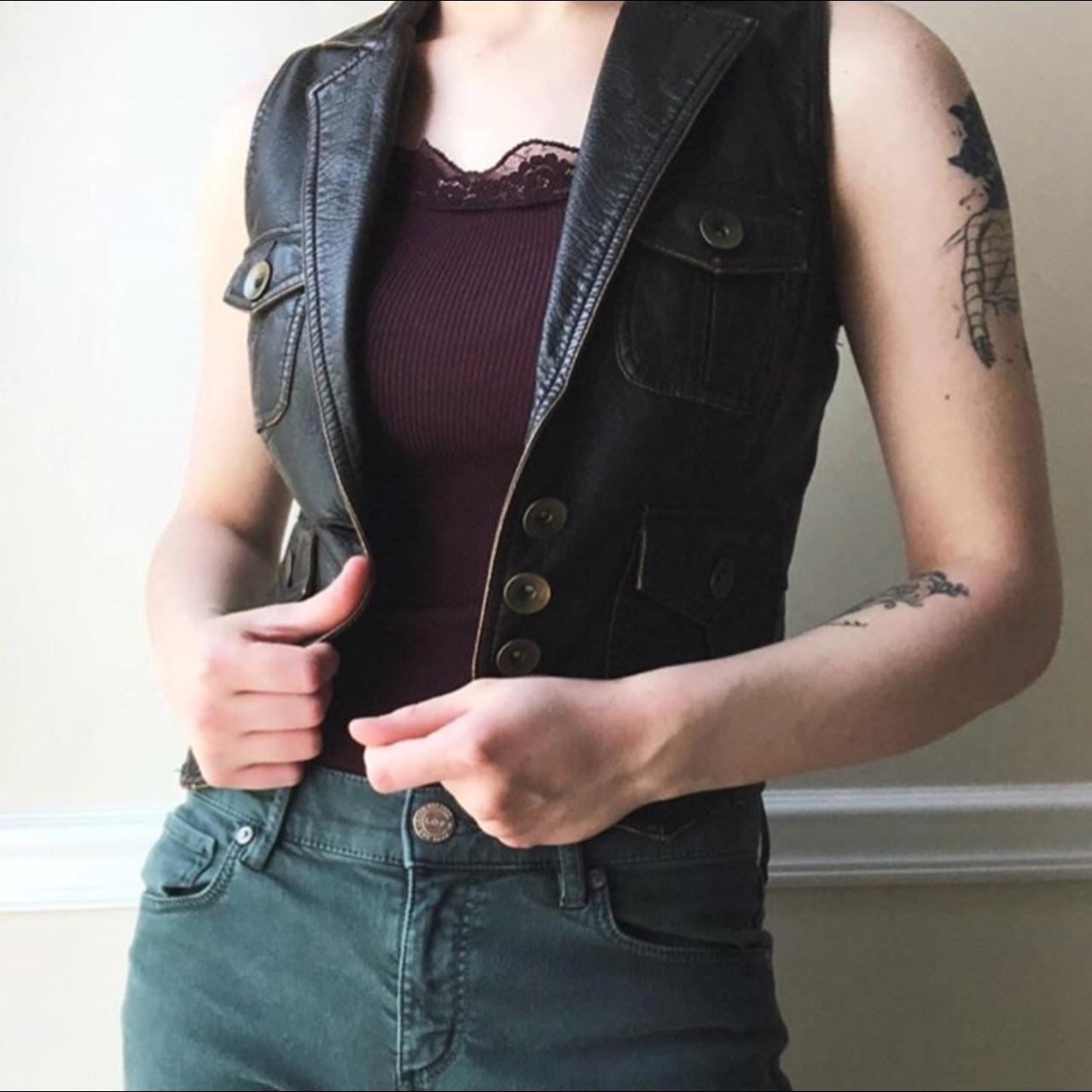 faux leather vest with cut off - Depop