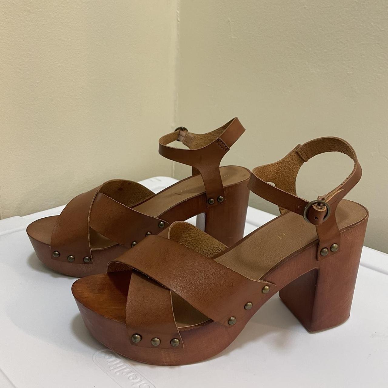 1970s inspired wooden sandals Chunky heel... - Depop