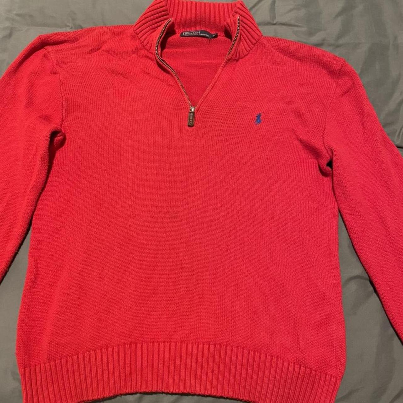 Red knitted Polo Ralph Lauren quarter zip in size... - Depop