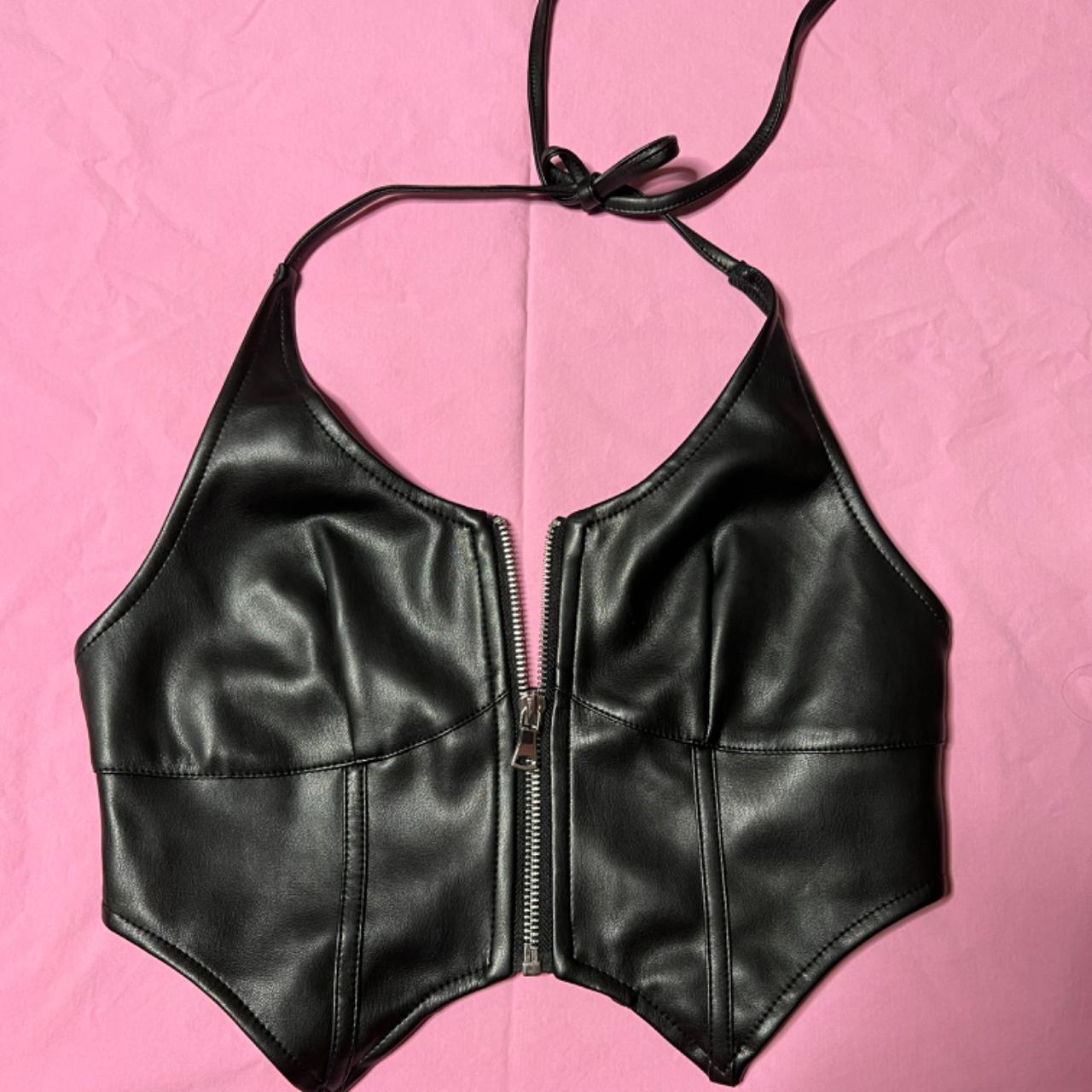 Pamela Anderson inspired faux leather zip up halter... - Depop