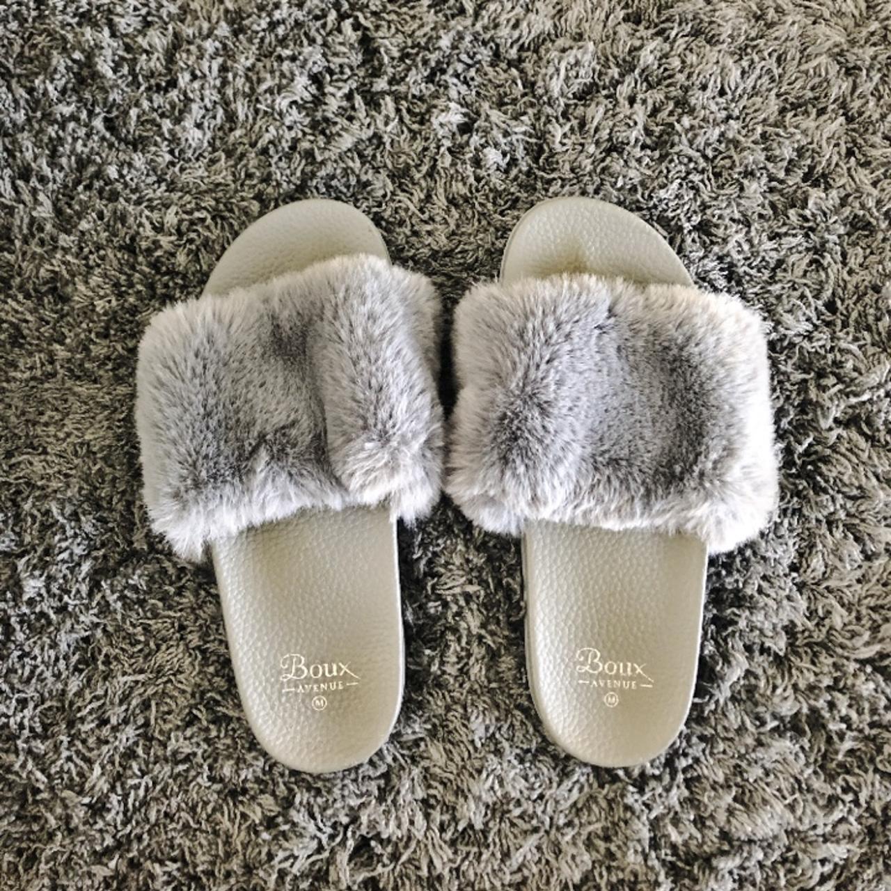 Boux Avenue grey fluffy sliders size medium never Depop