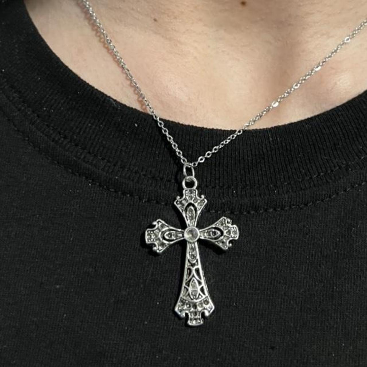 Handmade goth cross necklace on a stainless steel... - Depop