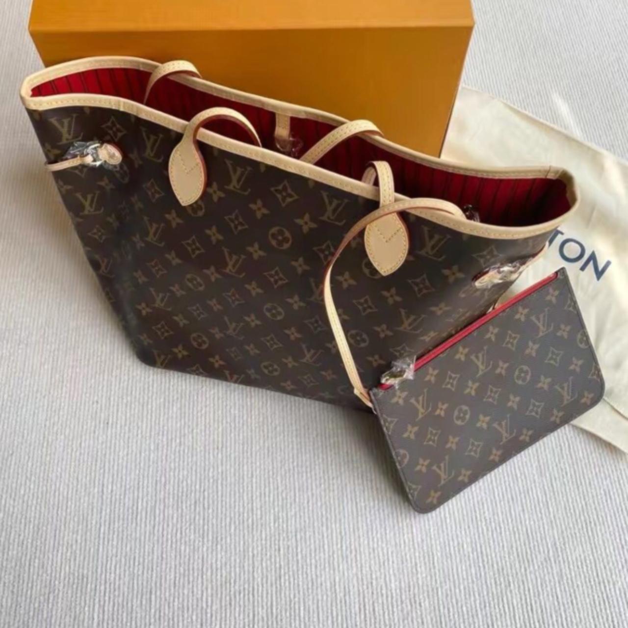 Louis Vuitton Neverfull MM Bag in Monogram with Cherry Red