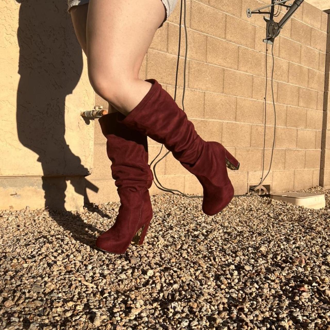 Knee high heeled boots, wine red with golden ascent... Depop