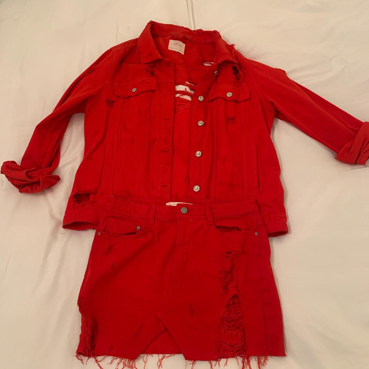 Red distressed denim jacket and mini skirt co ord... Depop