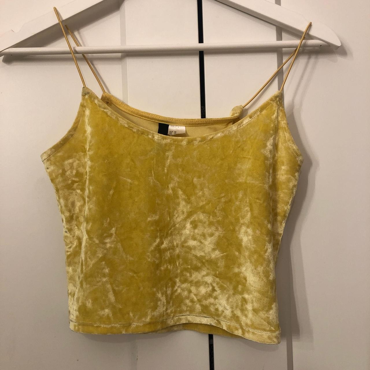 Golden yellow velvet strapped crop top Size... Depop