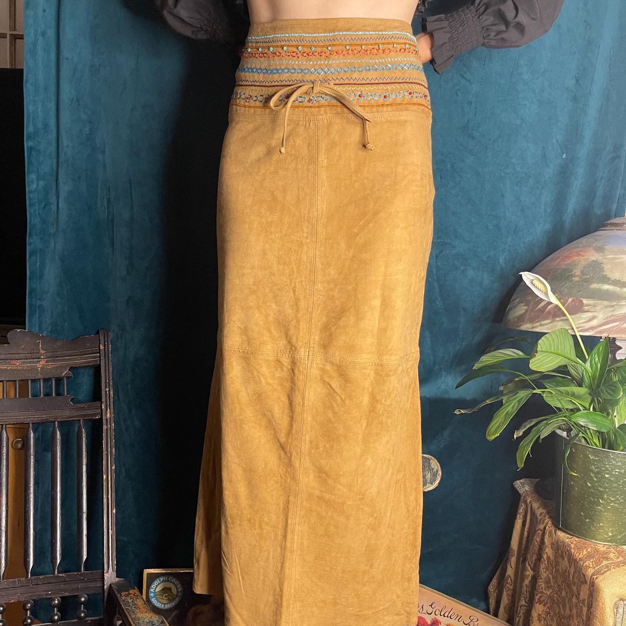 1990s Beaded Soft Leather Maxi Skirt Depop