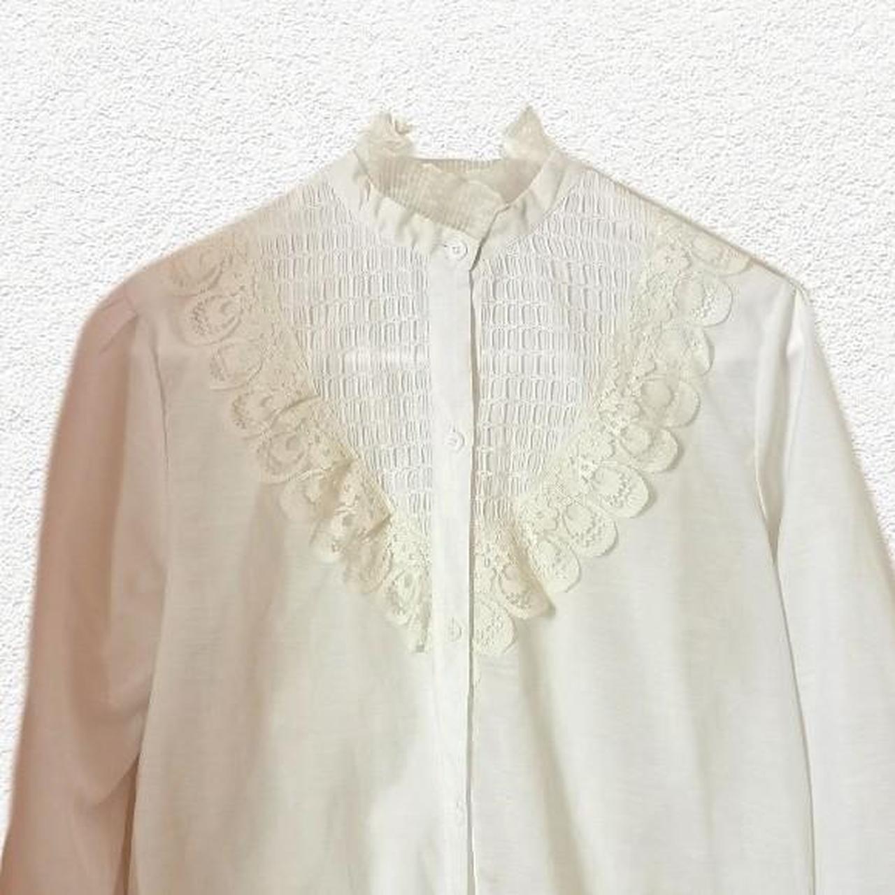 VINTAGE white lace turtleneck button up blouse with... - Depop