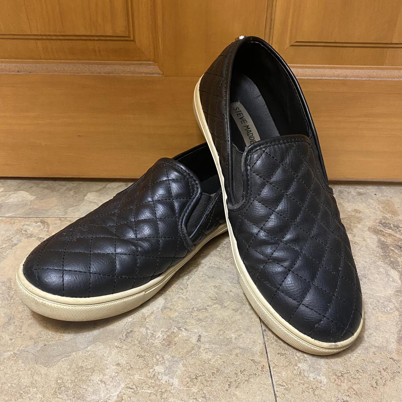 Steve Madden Black Quilt Slip Ons Soles have wear... - Depop