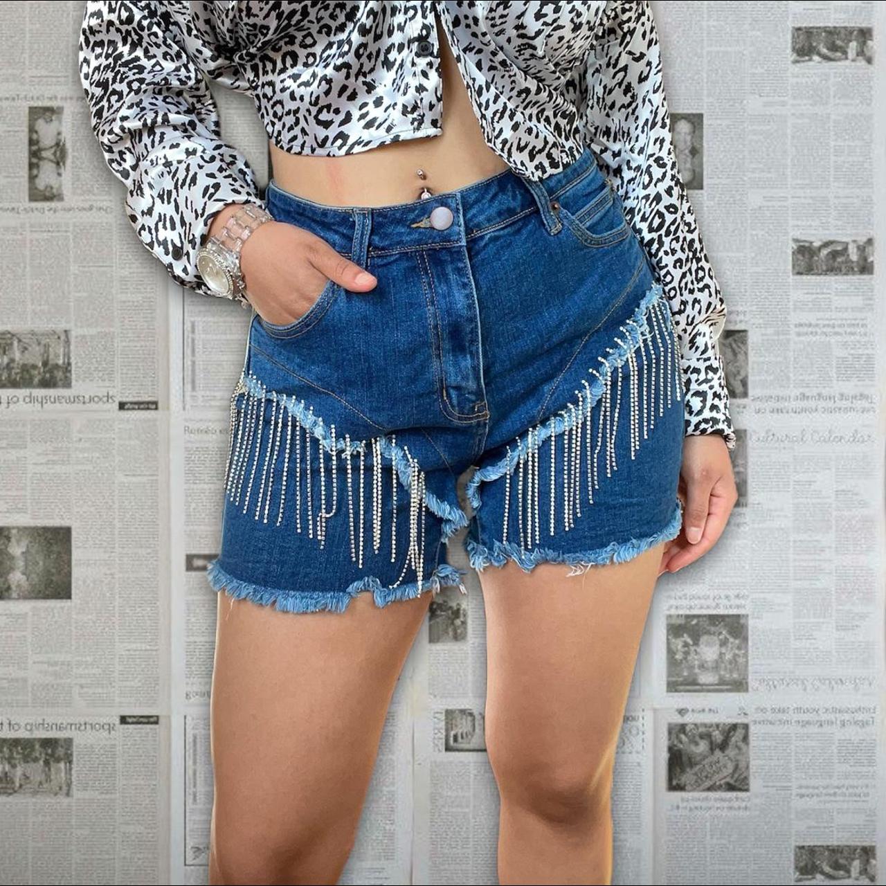 Rhinestone Fringe Short Shorts - Medium Wash