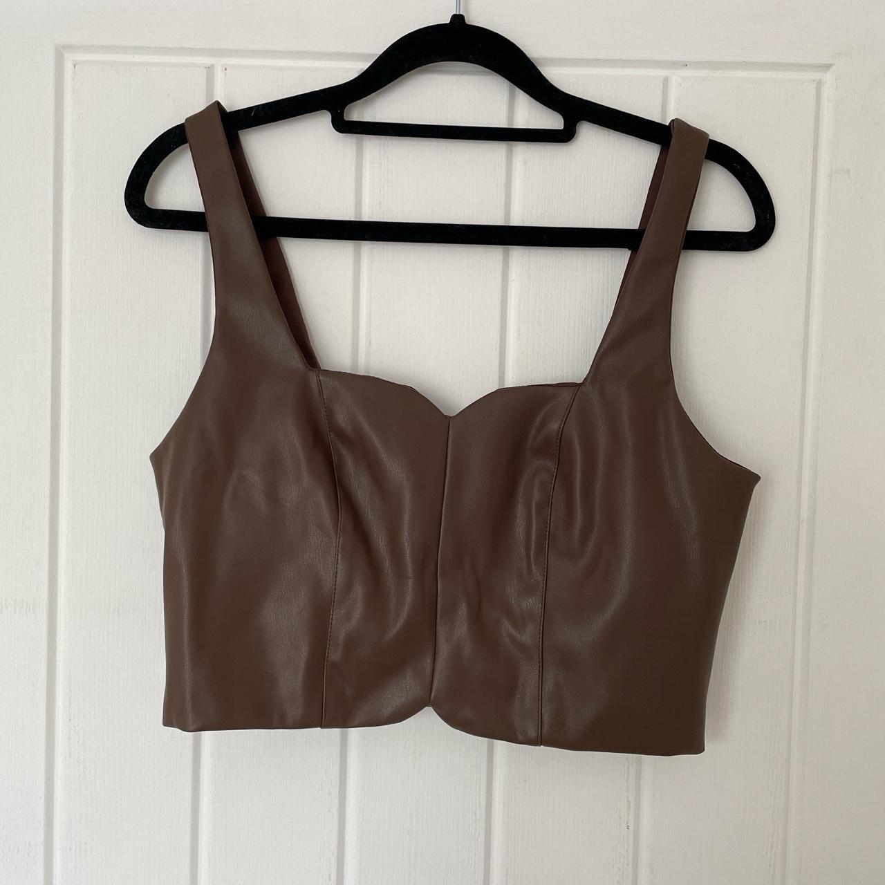 Primark chocolate brown leather crop corset top size... Depop