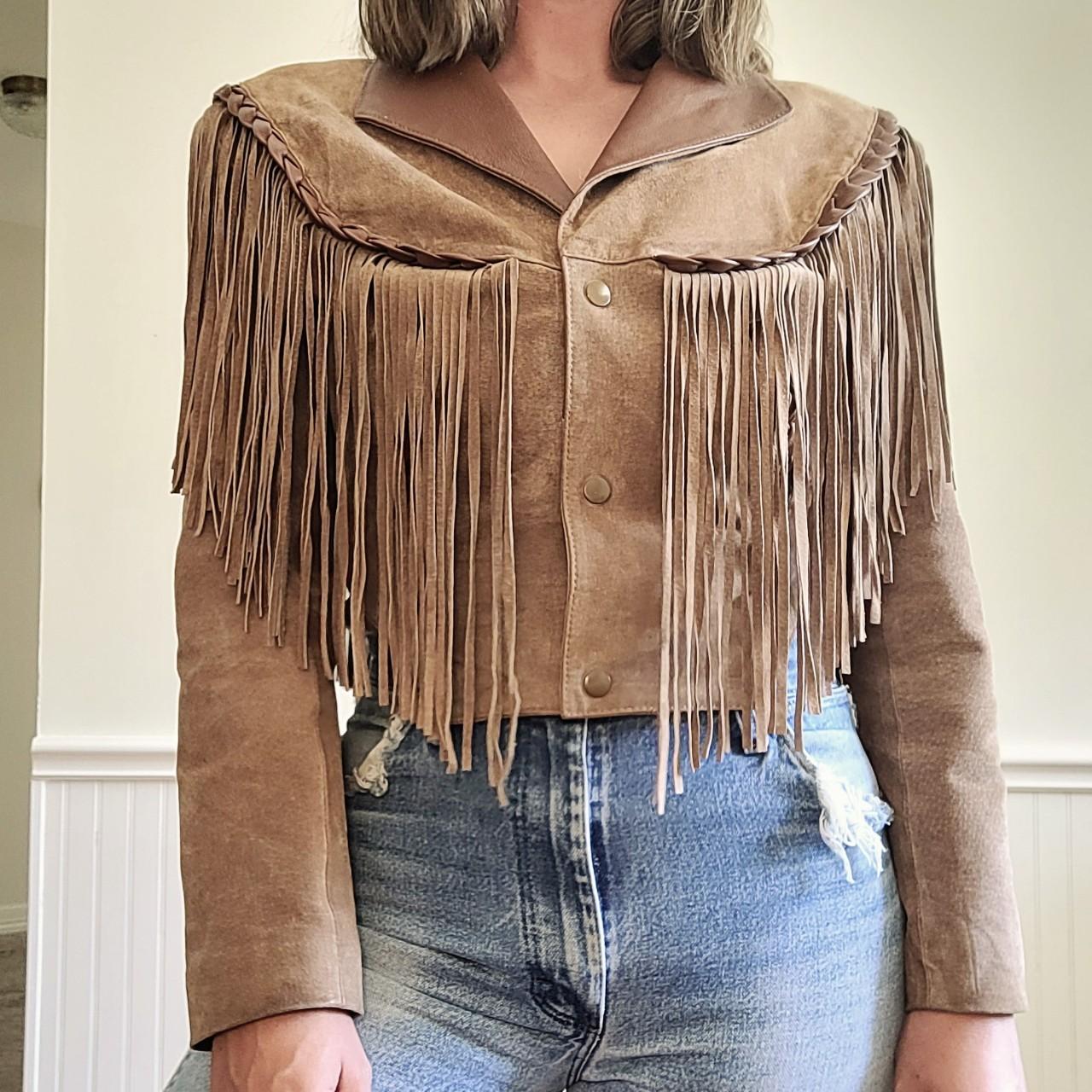 Leather cropped fringe fitted jacket. Depop