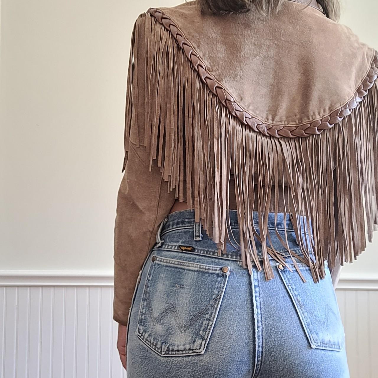 Leather cropped fringe fitted jacket. Depop