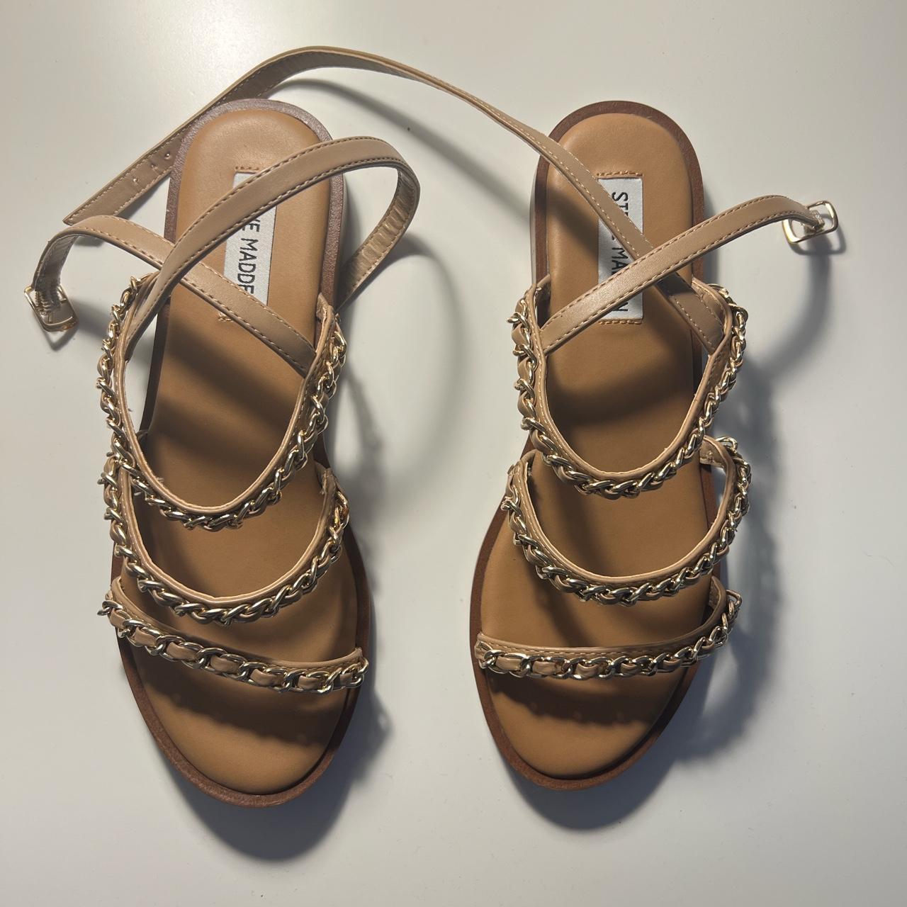 Steve Madden Camel and Gold Chain Tesla Sandals Depop