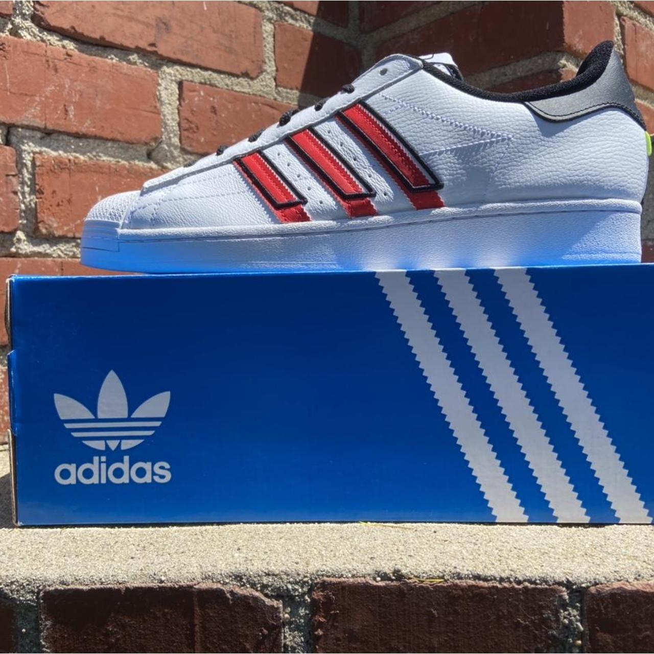 adidas superstar white red and blue stripe trainers