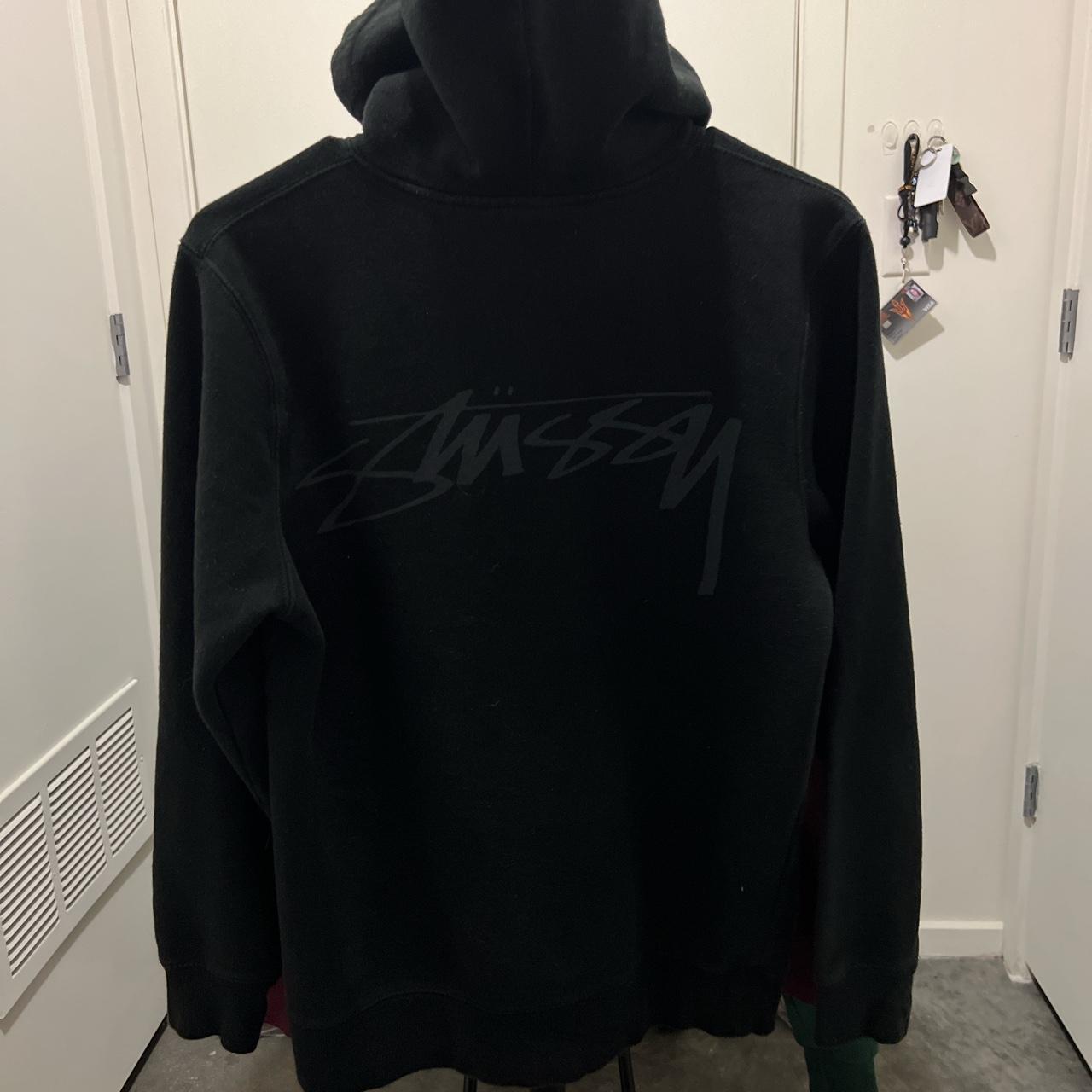 stussy hoodie black on black with stussy on the... - Depop