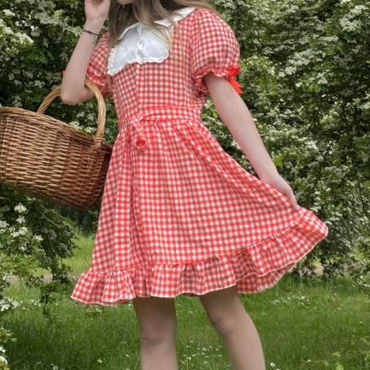 Red cottage core dress Gingham pattern Only worn... Depop