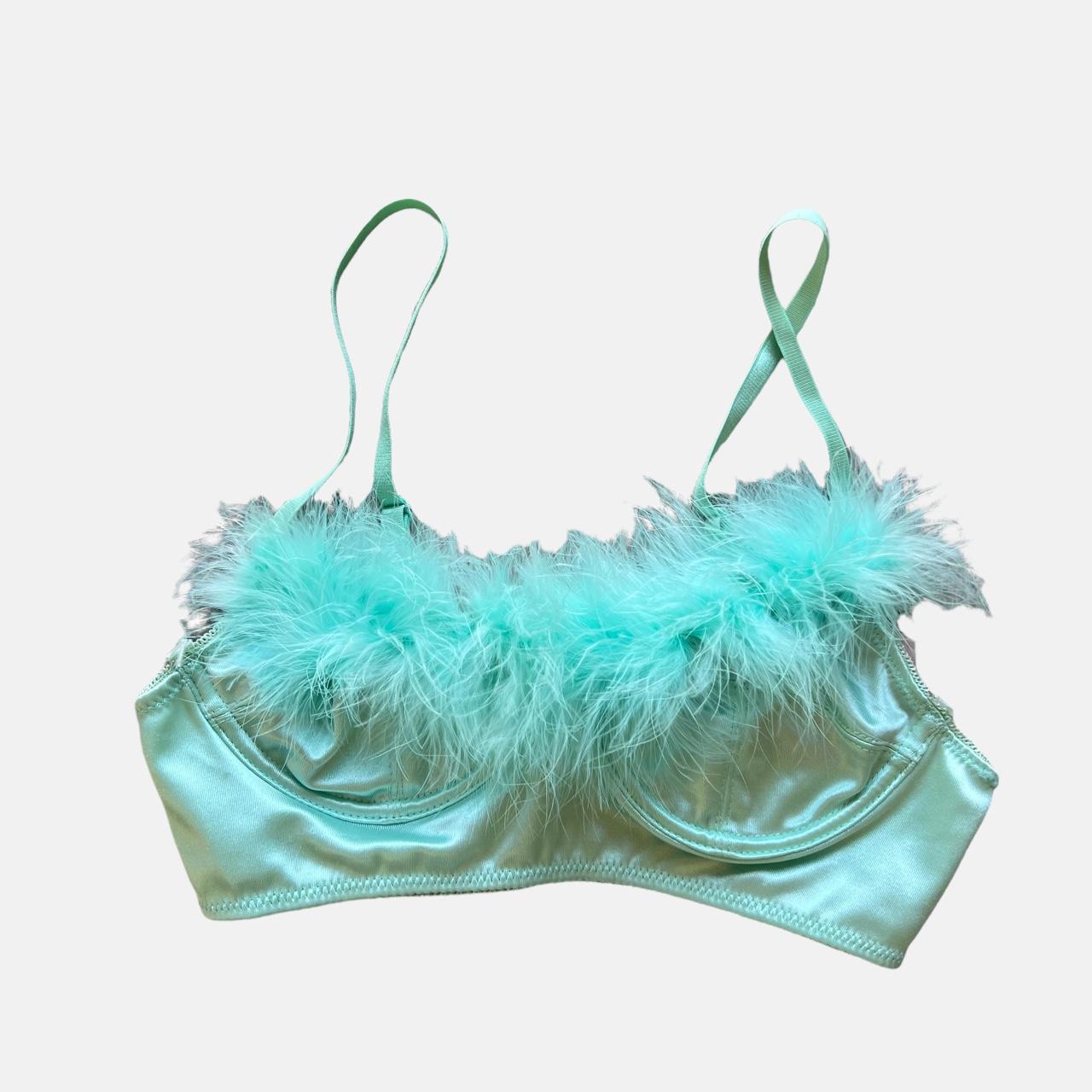 Turquoise fluffy satin two piece lingerie cute set... - Depop