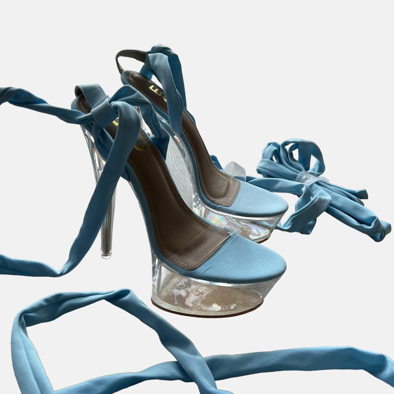 Baby blue ribbon lace up platform clear heels 🦋... Depop
