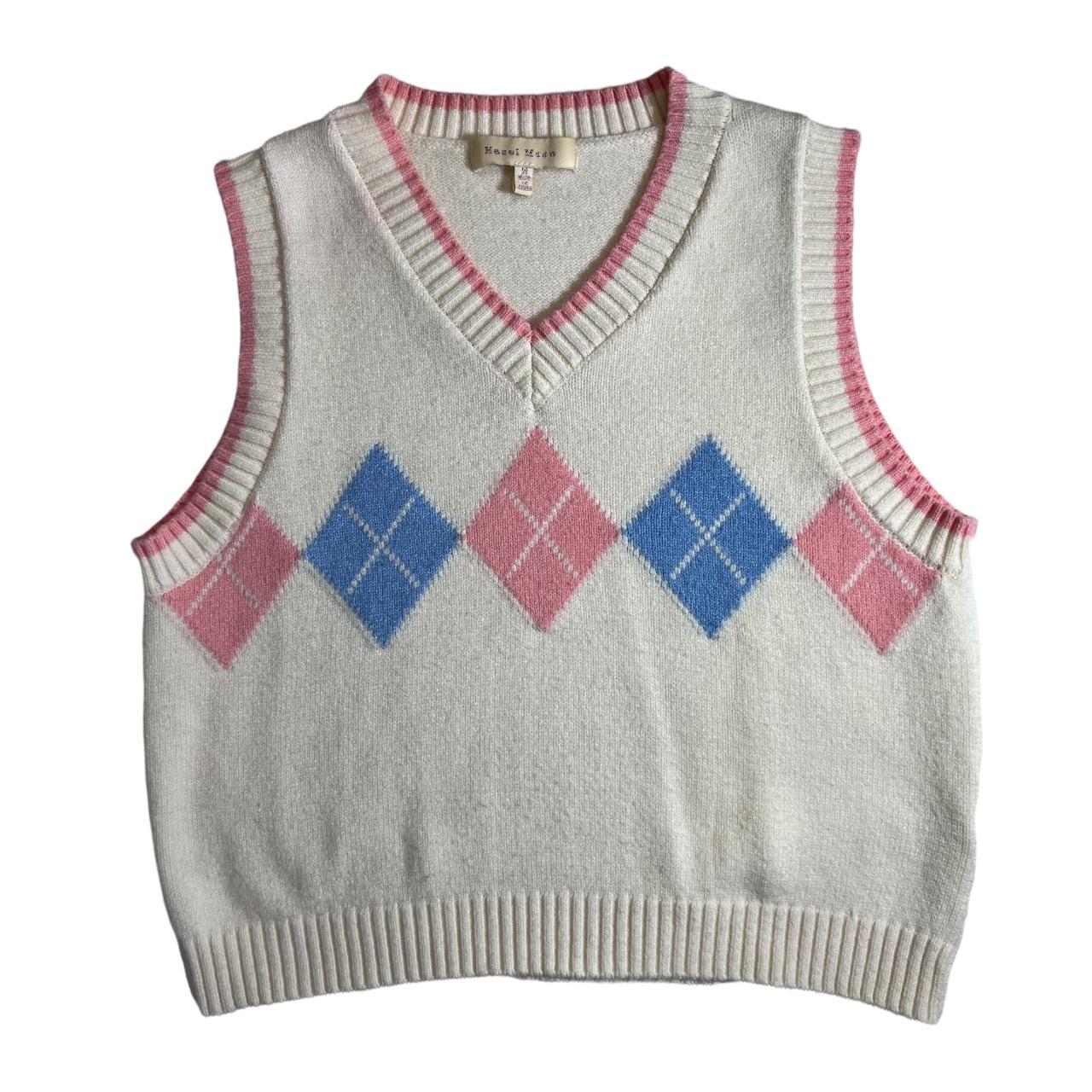 cream color sweater vest with pink and blue argyle... - Depop