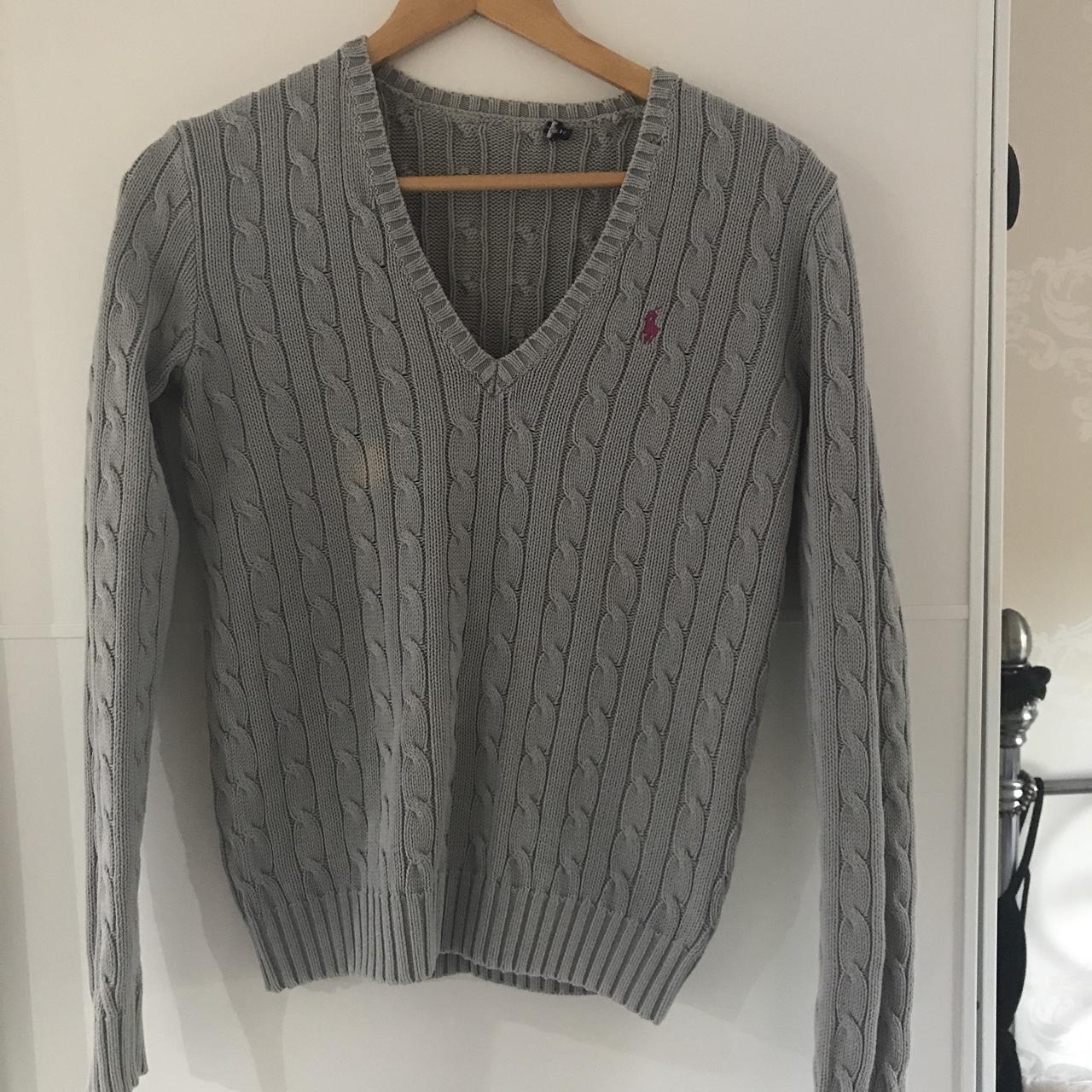 Grey Ralph Lauren knitted jumper with pink logo,... - Depop