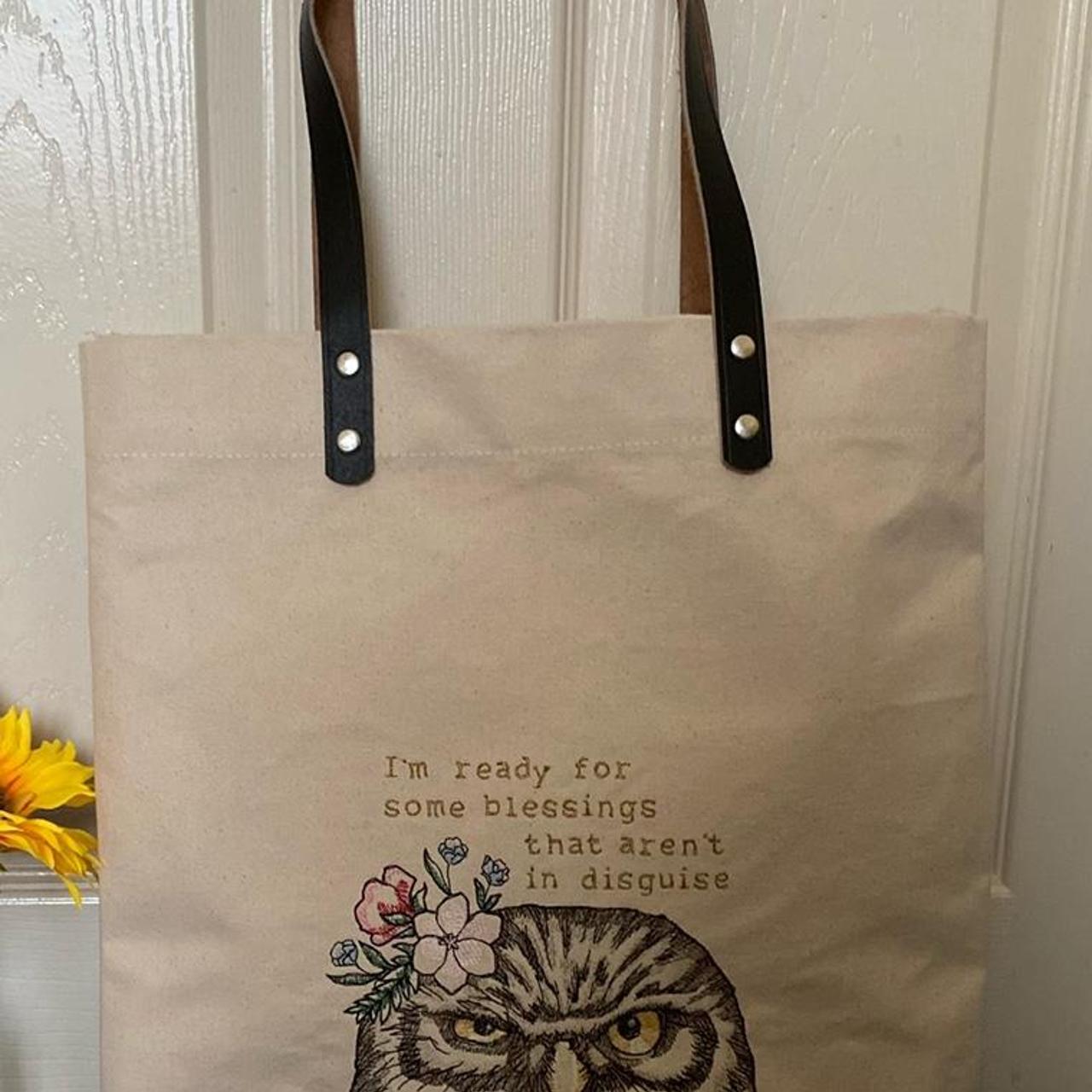 Embroidered owl design tote bag with leather handles. Depop