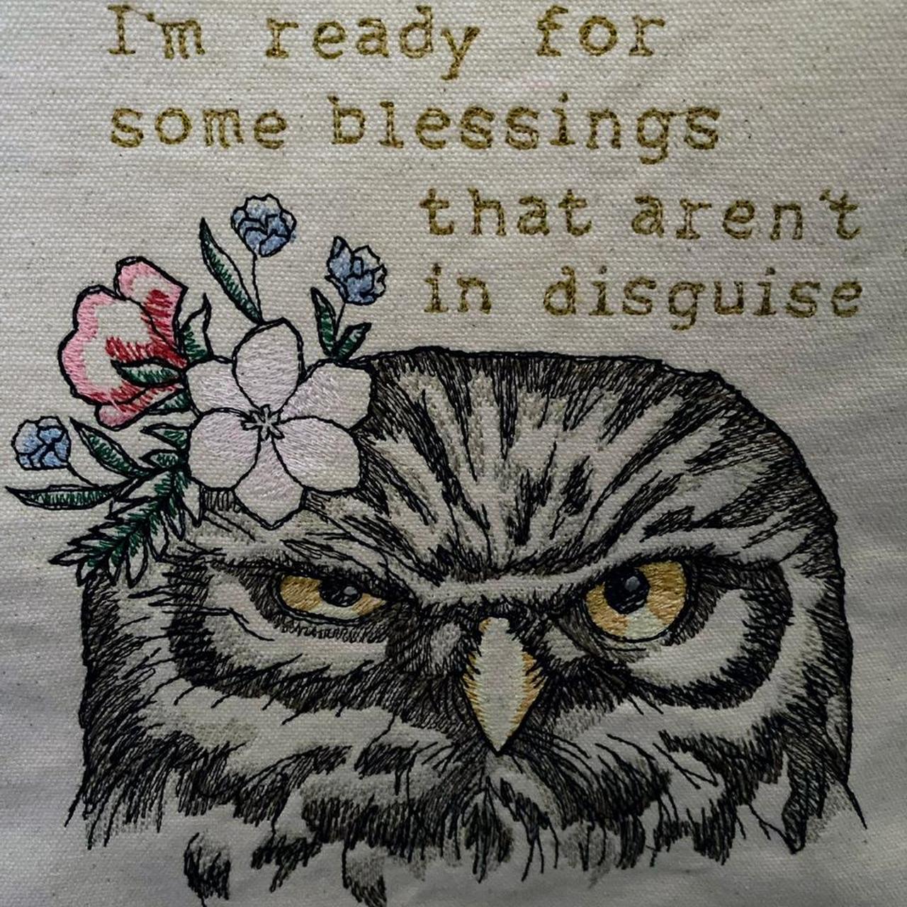 Embroidered owl design tote bag with leather handles. Depop