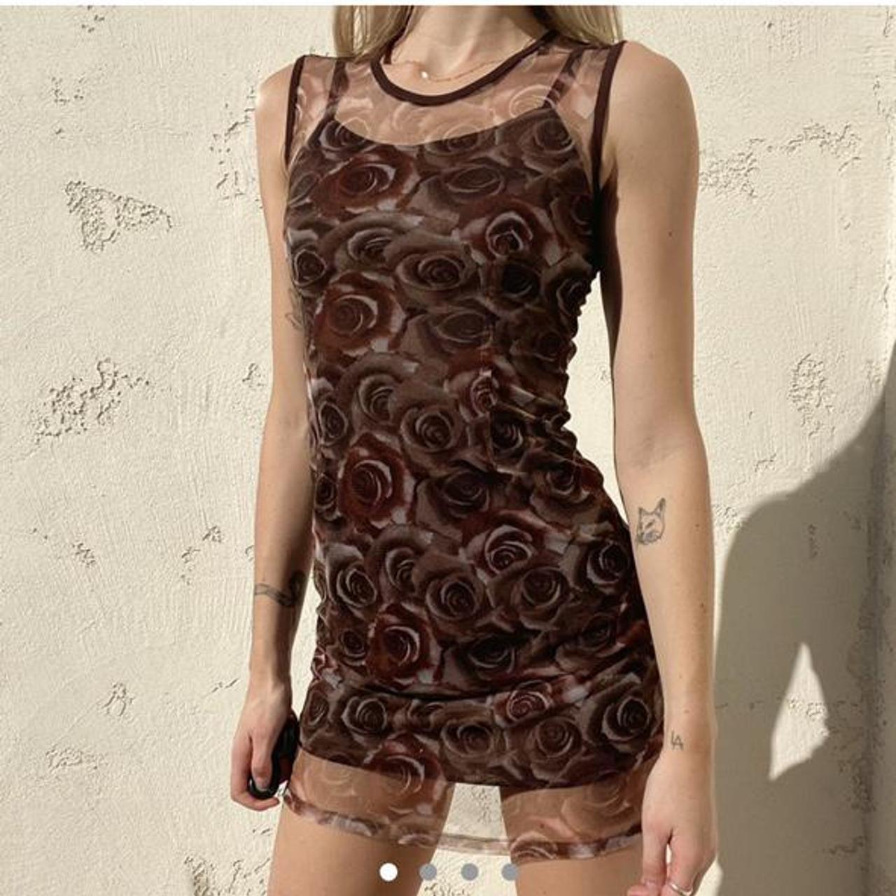 Super adorable 90s brown mesh floral dress in... - Depop