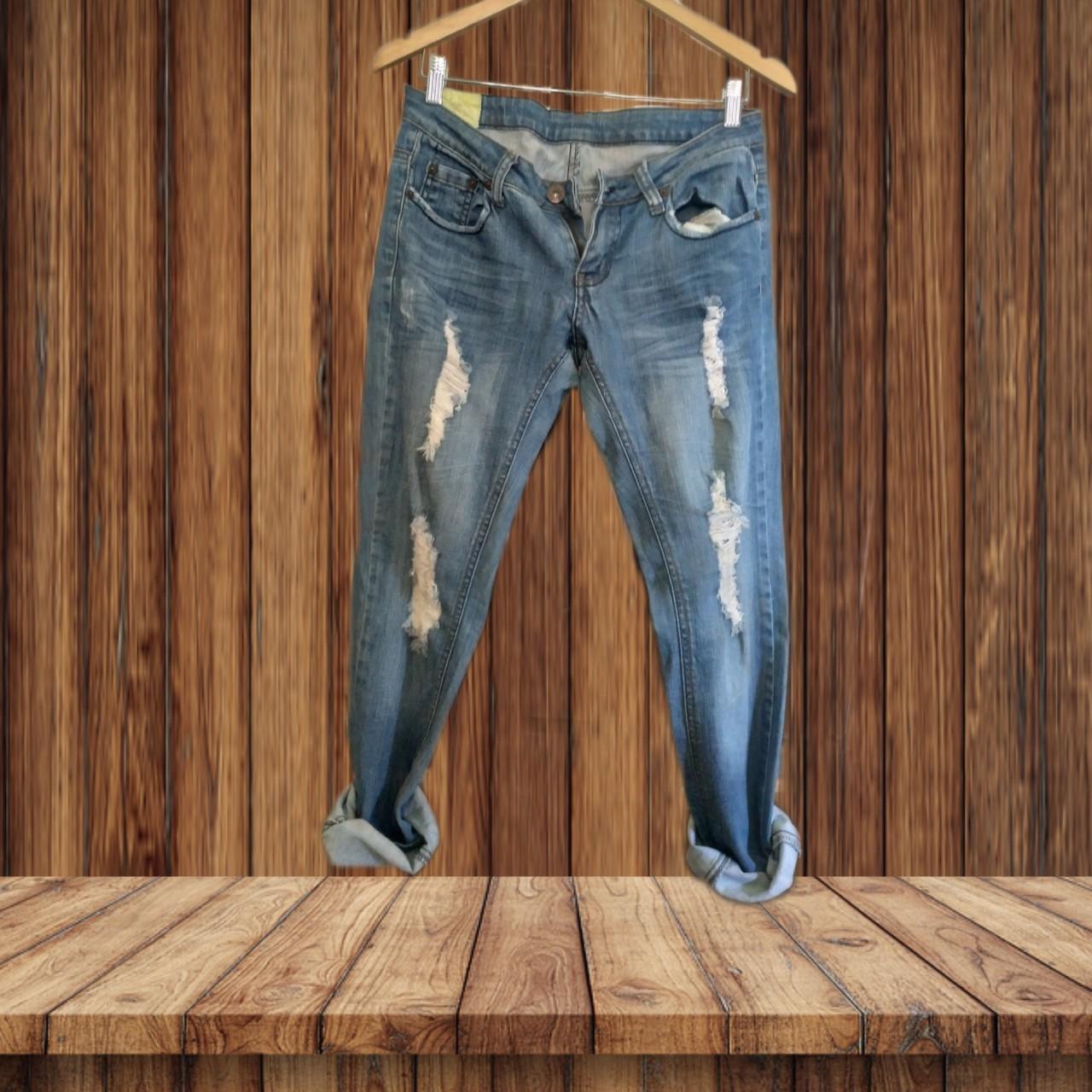 Blue denim stretch Jean with ripped shredding in... Depop