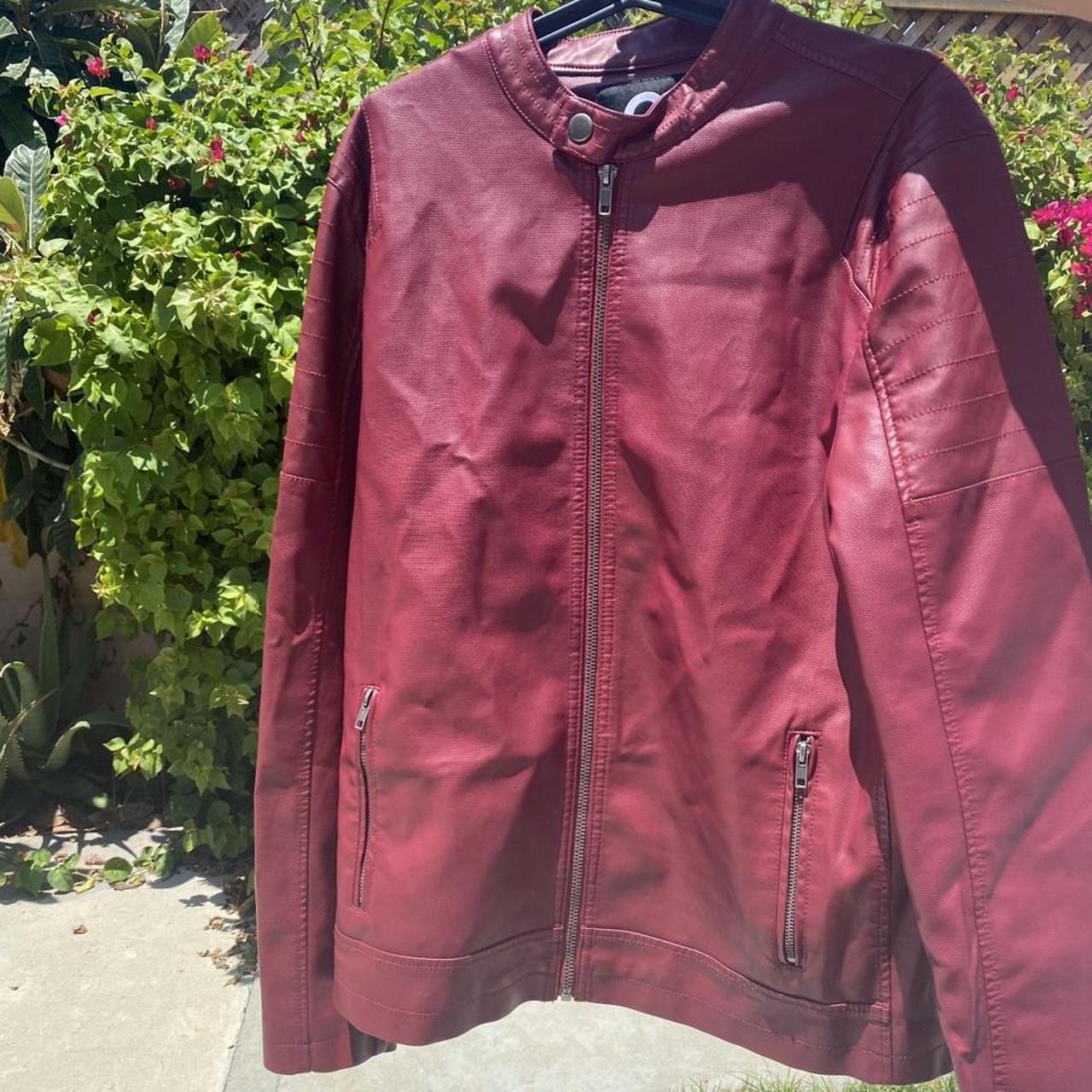 Unisex Burgundy Red leather jacket from Guess Large Depop