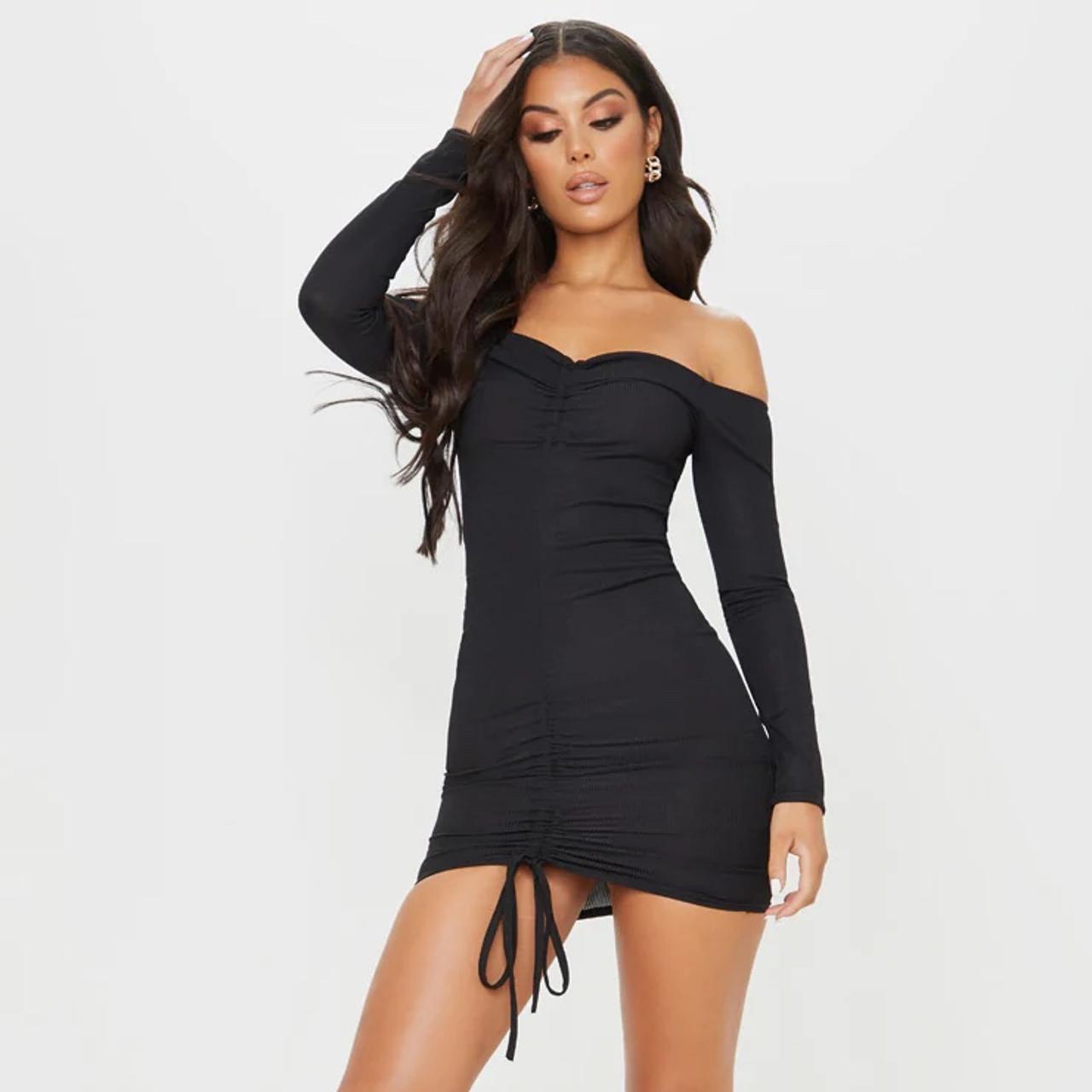 PRETTYLITTLETHING Black ribbed ruched dress UK - Main Image