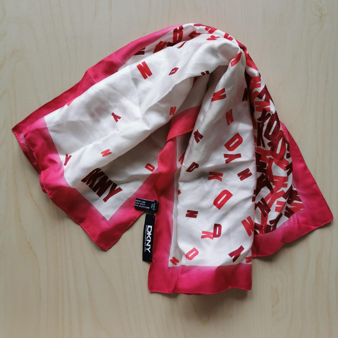 DKNY pink scattered logo print silk scarf. 100%... - Depop
