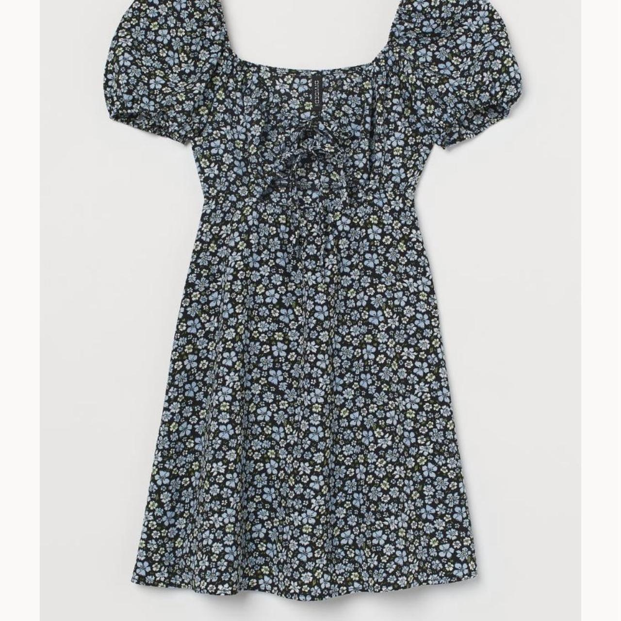 H&M Blue floral cut out dress with puff sleeve in... - Depop