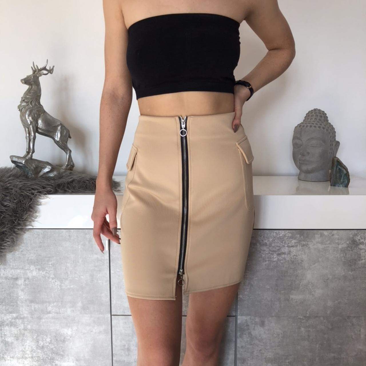 Missguided beige mini a line skirt with zip detail