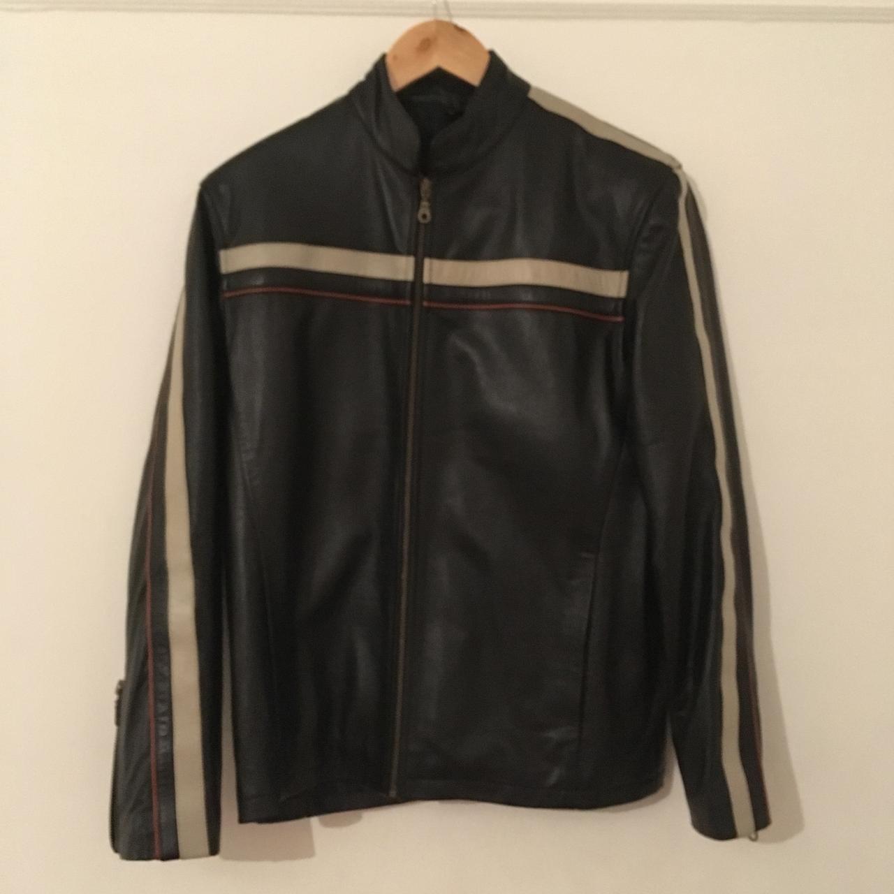 ️Black leather jacket with white and red stripe... - Depop