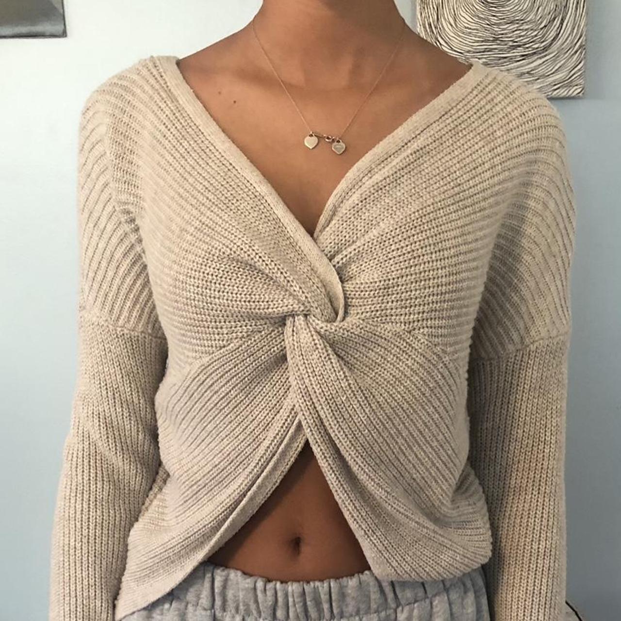 hollister knot tie sweater reversible cream/khaki... - Depop