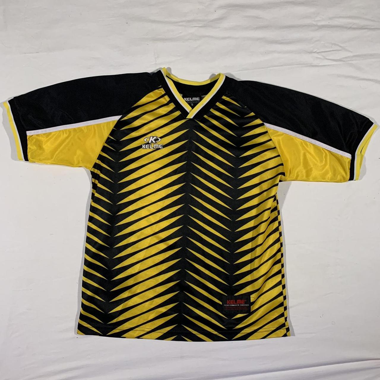 black and yellow vintage soccer shirt jersey tag... - Depop