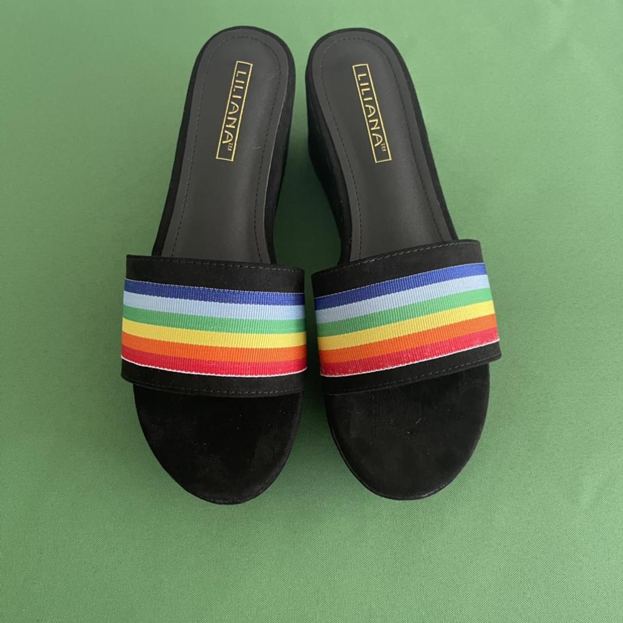 Liliana Black and Rainbow Slide Sandals. Shoes have Depop