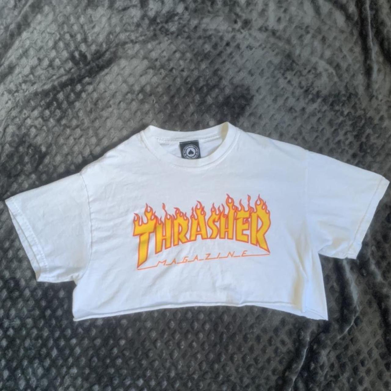 Thrasher Women's White and Orange Crop-top | Depop