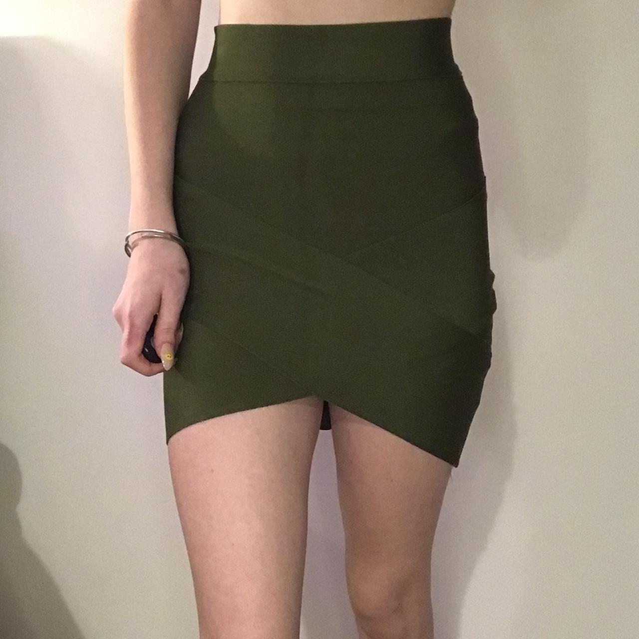 SIZE S KHAKI BANDAGE MINI SKIRT WITH GOLD ZIPPER ON