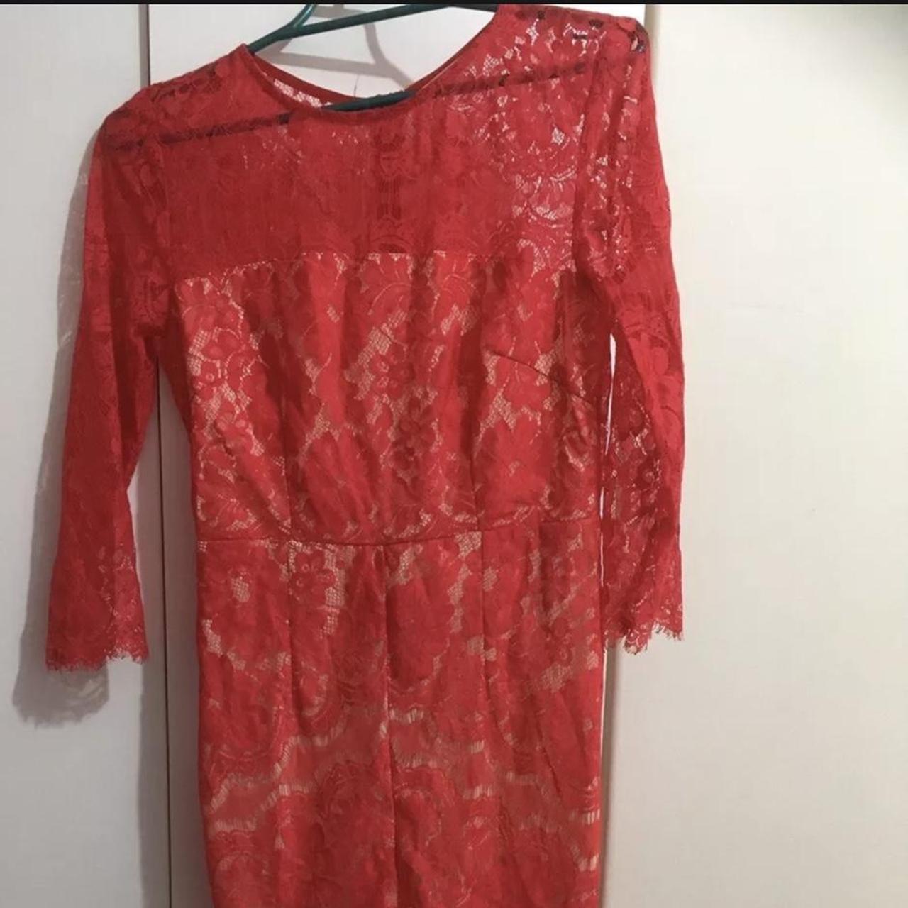 Red Lacy fitted Midi Dress . Used - excellent . Size... - Depop