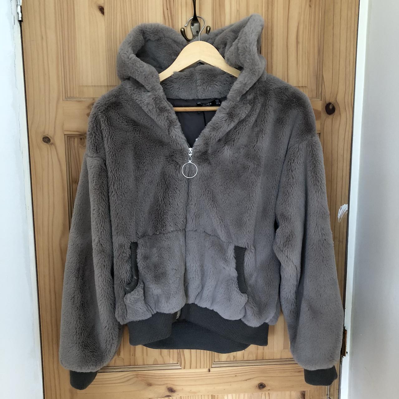 Bershka dark grey brown faux fur jacket, super soft,... - Depop