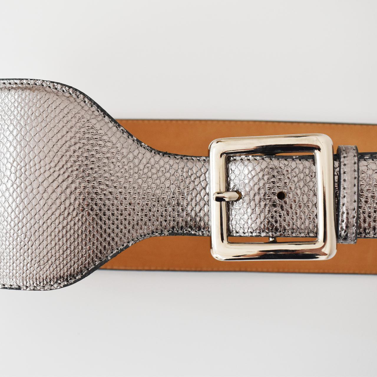 Silver leather belt for women, bold square buckle... Depop