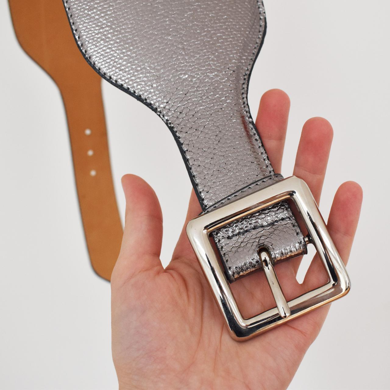 Silver leather belt for women, bold square buckle... Depop